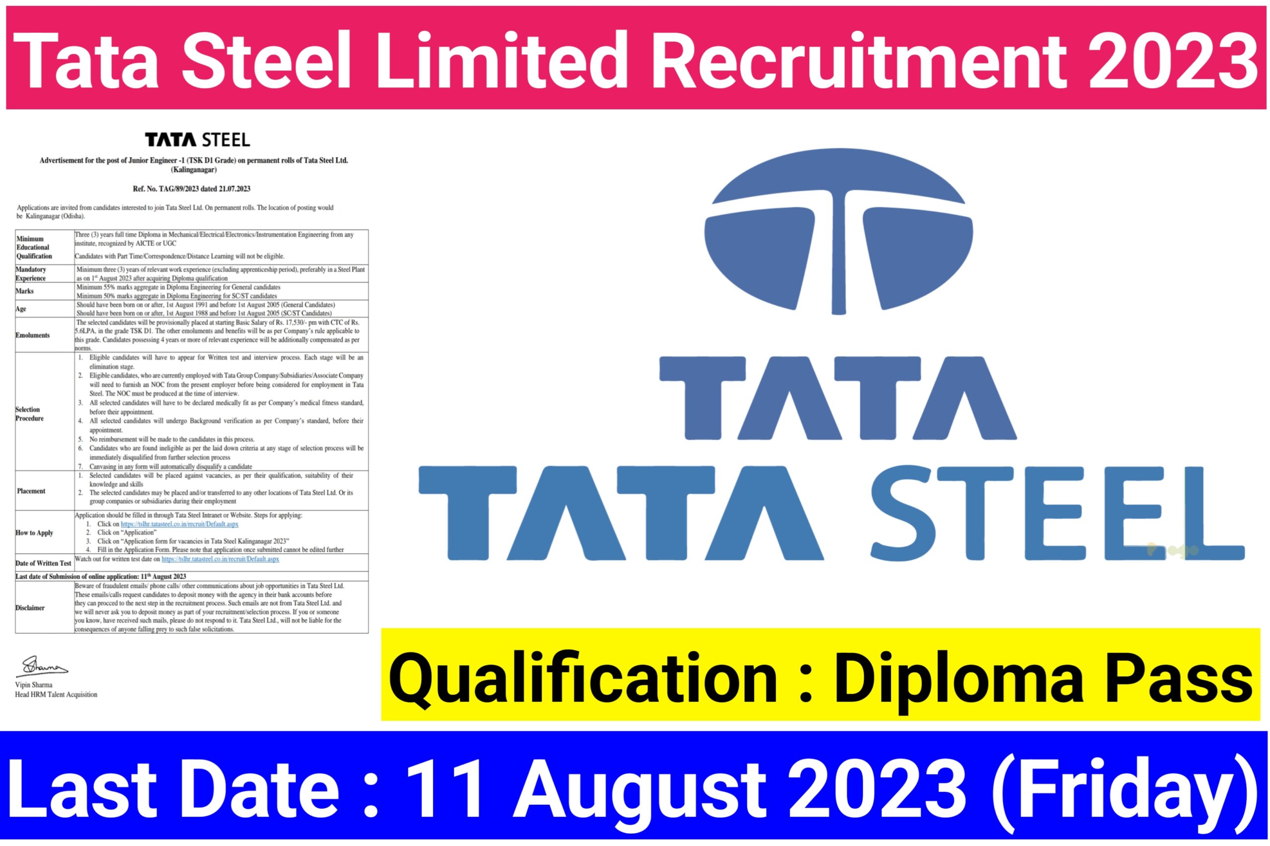 TATA STEEL Recruitment 2023, Last Date to Apply for JE Posts